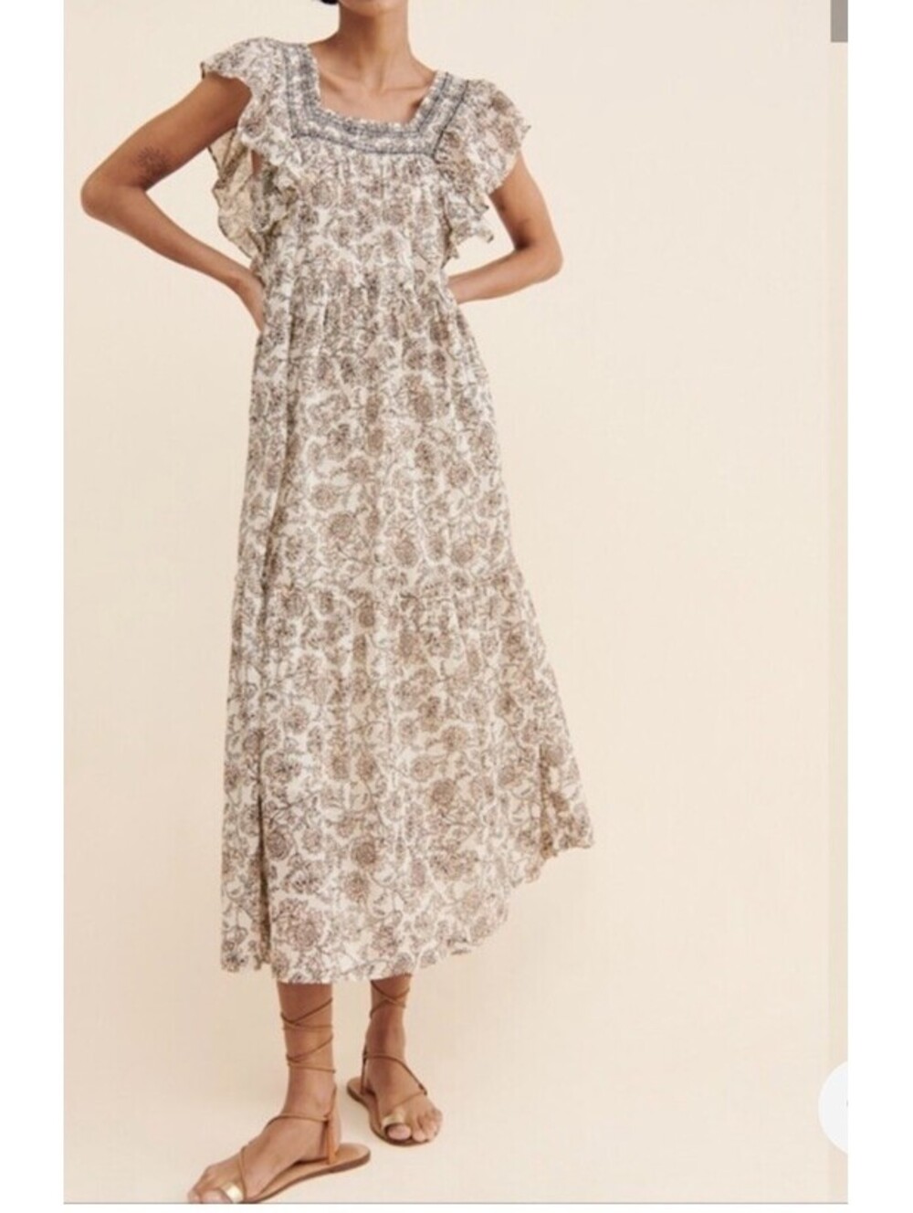 Free People Bonita Floral Prairie Floral Smocked Ruffled Midi Dress Size XS $168